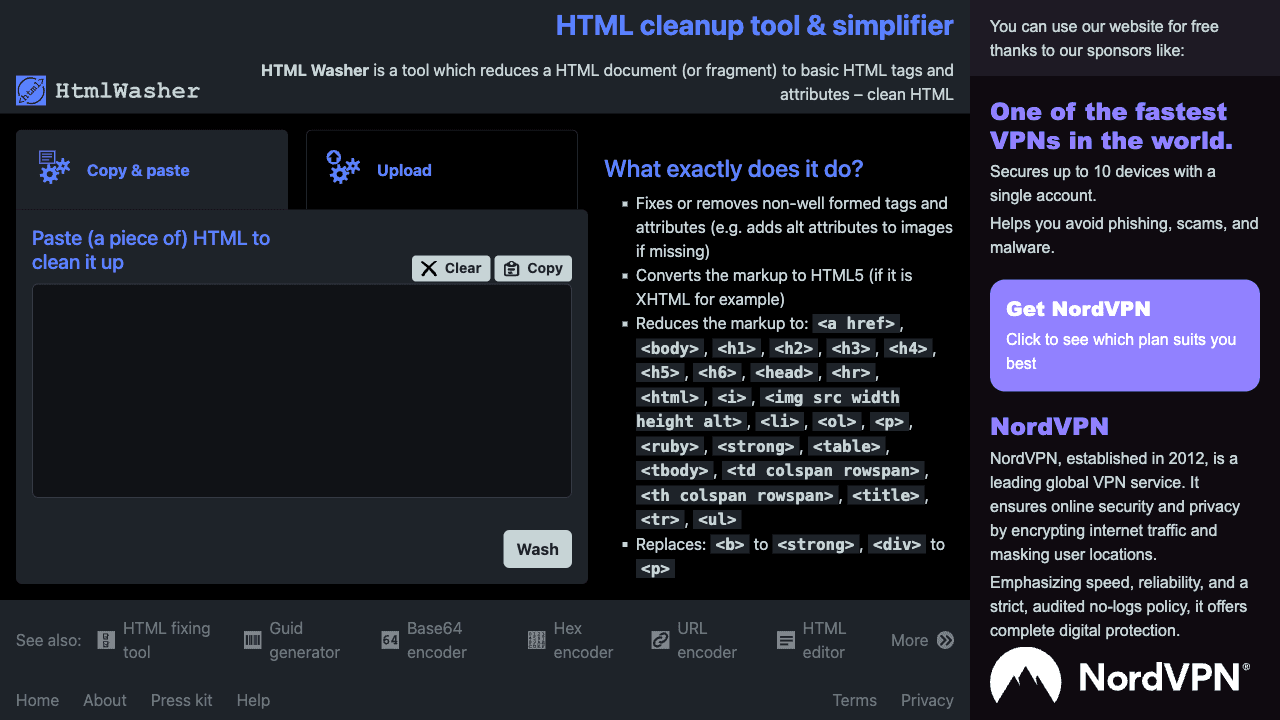 Screenshot of Html Washer, www.htmlwasher.com